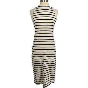 Monrow Size M Striped Midi Dress White Black Sleeveless Mock Neck Knee Length